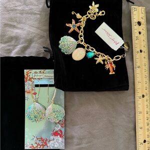 Betsey Johnson Mermaid Blue Teal Jewels Shell Earrings and Charm Bracelet set